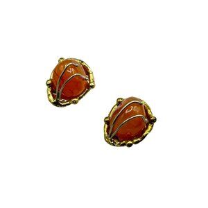 Handcrafted 70s Brutalist Clip On Earrings Carnelian Stones Brass Setting